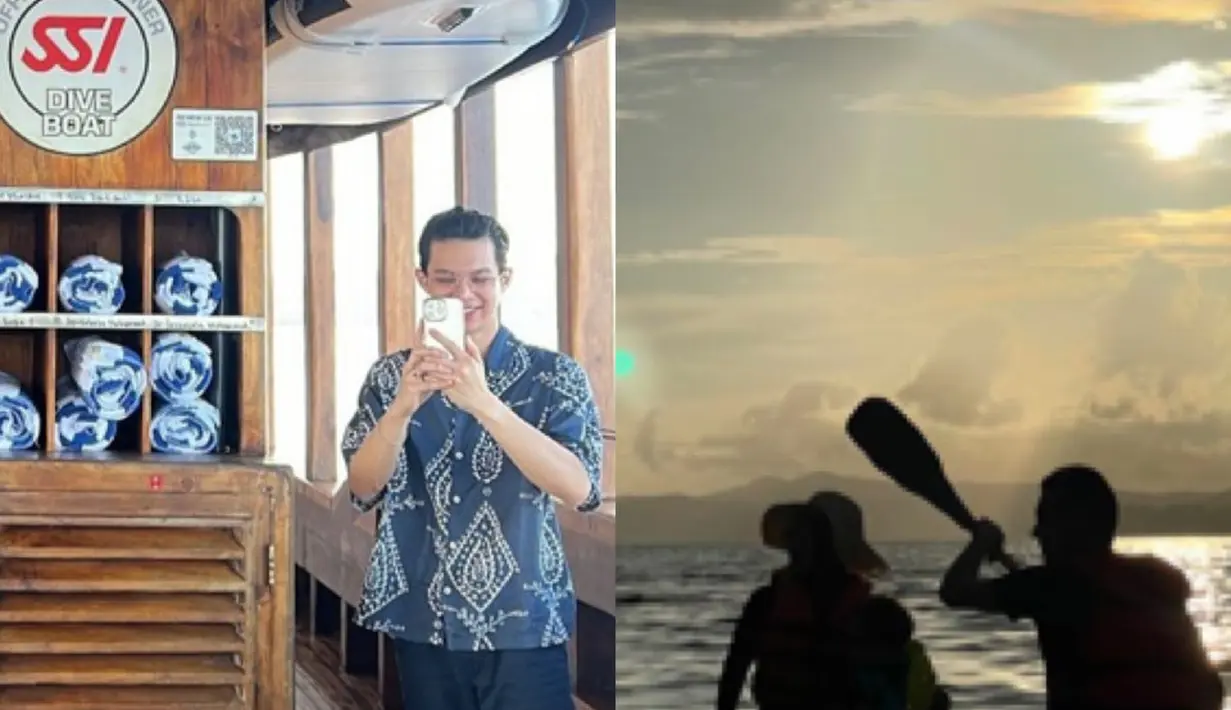 Dinda Hauw dan Rey Mbayang memilih liburan ke Raja Ampat. Tampak dalam foto siluet, Dinda mengenakan topi pantainya, Rey tampil dengan kemeja dan celana pendek biru navy. [@dindahw]