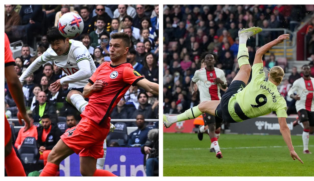 Pekan ke-30 Liga Inggris 2022/2023 yang digelar Sabtu (8/4/2023) diwarnai dua gol keren yang penuh makna bagi dua pemain sebagai pencetak gol. Bagi Son Heung-min dan Erling Haaland, gol keren yang mereka cetak sama-sama beraroma century alias berkelipatan seratus. Son Heung menjadi pemain asia pertama yang mencetak total 100 gol di Premier League, sementara gol kedua Erling Haaland menjadi gol ke-200 sepanjang karier profesionalnya di level klub dan timnas. (Kolase Foto AFP dan AP Photo)