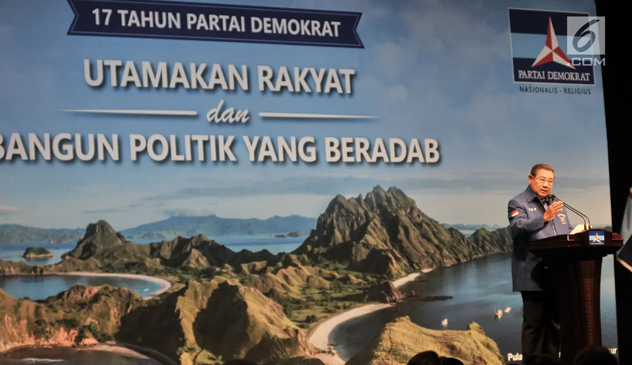 Ketua Umum Partai Demokrat Susilo Bambang Yudhoyono menyampaikan pidato politiknya dalam acara HUT Ke-17 Partai Demokrat di Jakarta, Senin (17/9). Dalam pidato politik itu, SBY menceritakan perjalanan Partai Demokrat. (Merdeka.com/Iqbal S Nugroho)