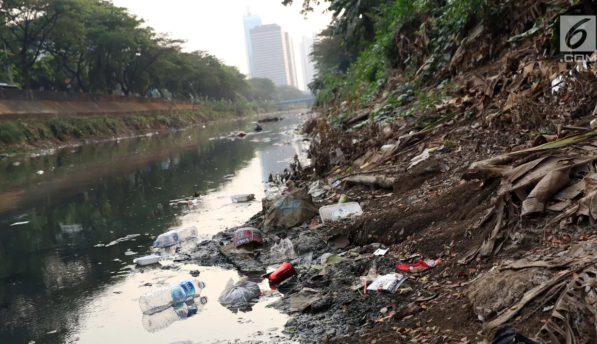 Ceceran sampah dan endapan lumpur terlihat di Kali Ciliwung Banjir Kanal Barat, Jalan Galunggung, Jakarta, Selasa (30/7/2019). Endapan lumpur dan ceceran sampah membuat Kali Ciliwung Banjir Kanal Barat terlihat kotor dan kumuh. (Liputan6.com/Helmi Fithriansyah)