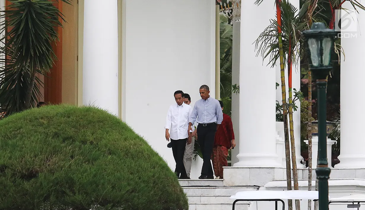 Presiden Joko Widodo (Jokowi) dan Presiden AS ke-44, Barack Obama berjalan menuju halaman Istana Bogor, Jawa Barat, Jumat (30/6). Jokowi mengajak Obama berkeliling Istana dan Kebun Raya Bogor dengan mengendarai golf car.  (Liputan6.com/Angga Yuniar)