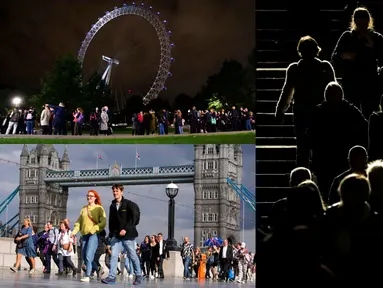 Foto kolasi saat warga antre untuk memberikan penghormatan kepada mendiang Ratu Elizabeth II. Ratu Elizabeth II meninggal dunia pada 8 September 2022 di usia 96 tahun. (AP Photo/Andreea Alexandru/Martin Meissner/Victoria Jones)