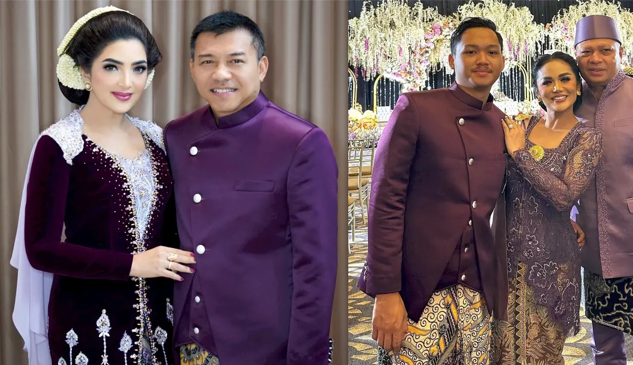 Ashanty mengenakan kebaya beludru warna berry. Sementara Kris Dayanti tampil dengan kebaya brokat klasik warna ungu muda, lengkap dengan selendangnya. [@ashanty_ash/@krisdayantilemos/@aurelie.hermansyah]