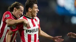 Ekspresi pemain PSV, Hector Moreno setelah mencetak gol ke gawang MU dalam pertandingan Grup B Liga Champions yang berlangsung di Stadion Philips, Eindhoven, Belanda. Selasa (12/9/2015). (AFP Photo/ANP/Olaf Kraak)