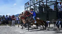 Sejumlah joki muda bersaing pada tradisi lomba pacuan kuda tradisional Gayo di Takengon, provinsi Aceh tengah, Sabtu (31/8/2019). Pacuan Kuda di daratan tinggi Gayo sejak zaman kolonial Belanda tersebut kini menjadi salah satu event wisata Kabupaten Aceh Tengah. (CHAIDEER MAHYUDDIN/AFP)