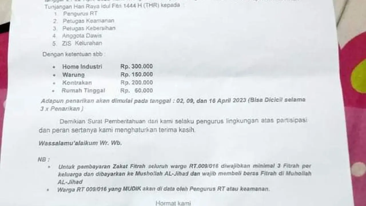 Viral surat permintaan Tunjangan Hari Raya (THR) pengurus RT 009, RW 016, Kelurahan Kapuk, Cengkareng, Jakarta Barat (Jakbar).