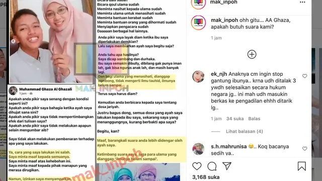 Unggahan Muhammad Ghaza Al Ghazali soal hubungan Aa Gym dan Teh Ninih. (Foto: Dok. Instagram @mak_inpoh)