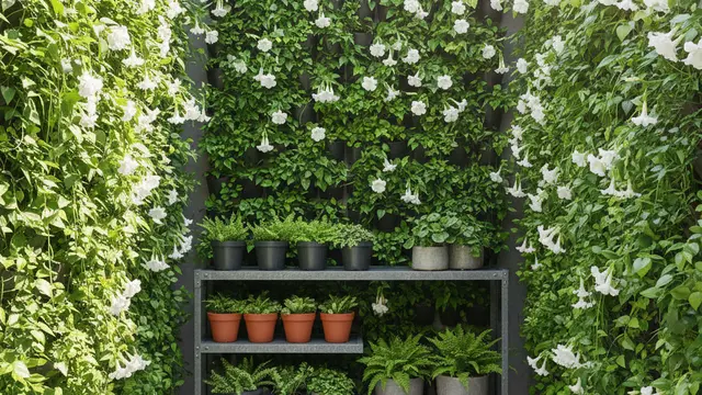 Model Teras Rumah Mungil yang Asri dengan Pot Tanaman Rambat. AI