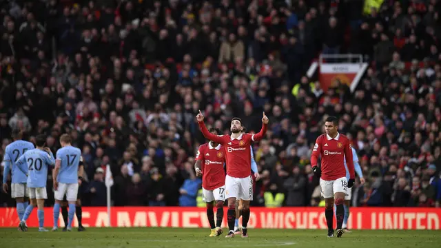 Selebrasi pemain MU ketika menjebol gawang Manchester City di Derby Manchester pada Liga Inggris 2022/2023