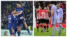 Real Madrid dan Barcelona meraih hasil yang bertolak belakang dalam laga babak 16 Besar Copa Del Rey, Kamis (20/1/2022). Real Madrid menang 2-1 atas Elche, sementara Barcelona kalah 2-3 dari Athletic Bilbao. (Kolase AFP)