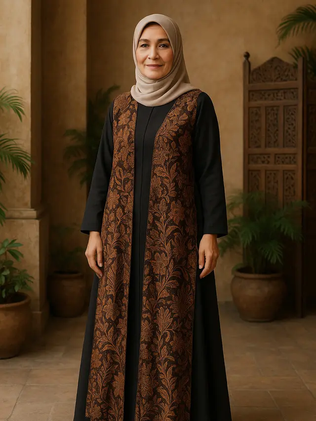 Model Gamis Batik Ibu-Ibu Umur 50 Tahun Kombinasi Kain Polos