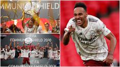 Striker Arsenal, Pierre-Emerick Aubameyang, menjadi pahlawan kemenangan Arsenal atas Liverpool saat menjuarai Community Shield 2020. Berikut ekspresi kebahagian Pierre-Emerick Aubameyang.