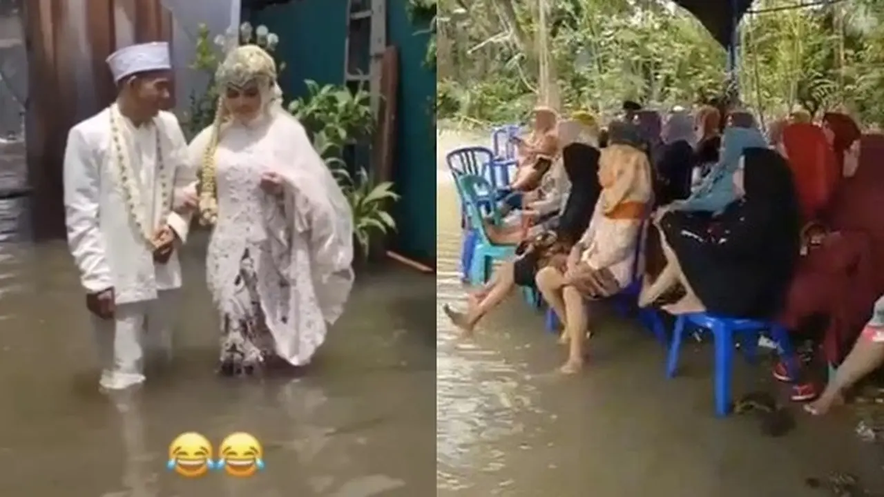 6 Momen Apes Nikahan di Musim Hujan, Resepsi Kacau Karena Banjir