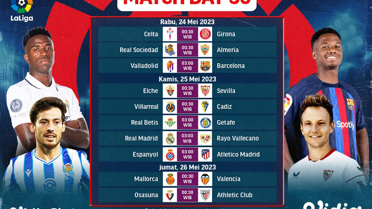 Daftar Pertandingan Liga Spanyol 2022/2023 Matchday 36 di Vidio, 24-26 Mei 2023