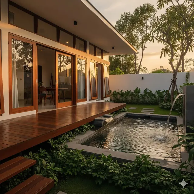 Teras Kayu dengan Kolam Mini