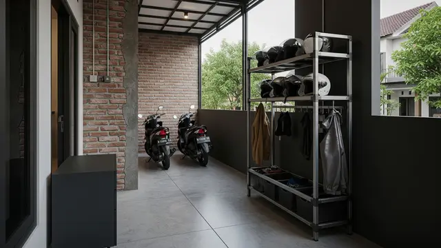 Model Teras Rumah Modern dengan Rak Helm & Parkir Motor Tertata/ Ilustrasi AI