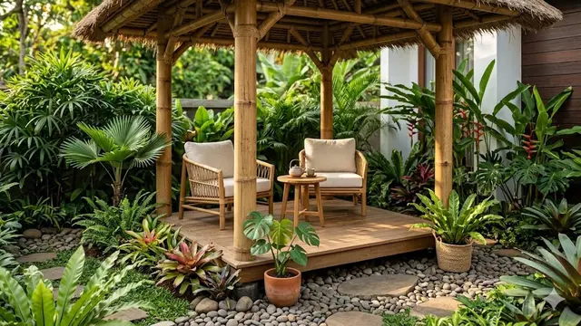 Gazebo Bambu Tropis dengan Atap Ijuk