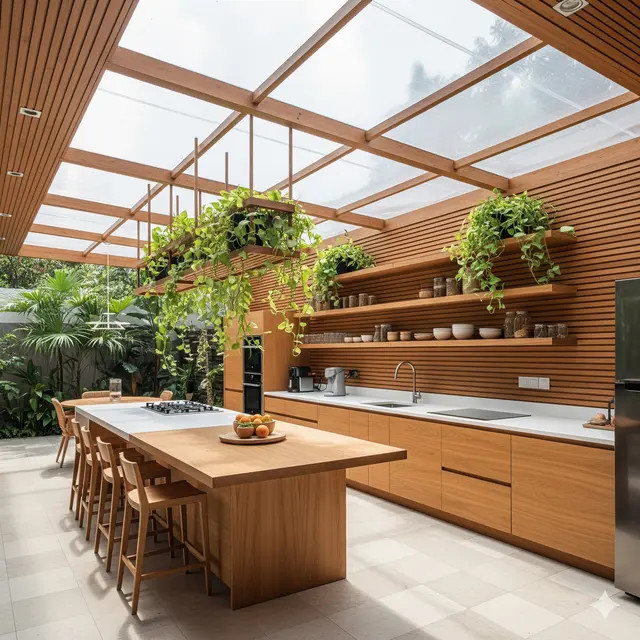 Inspirasi Rumah dengan Dapur Terbuka Gaya Tropis Terbaru 2025. Gemini
