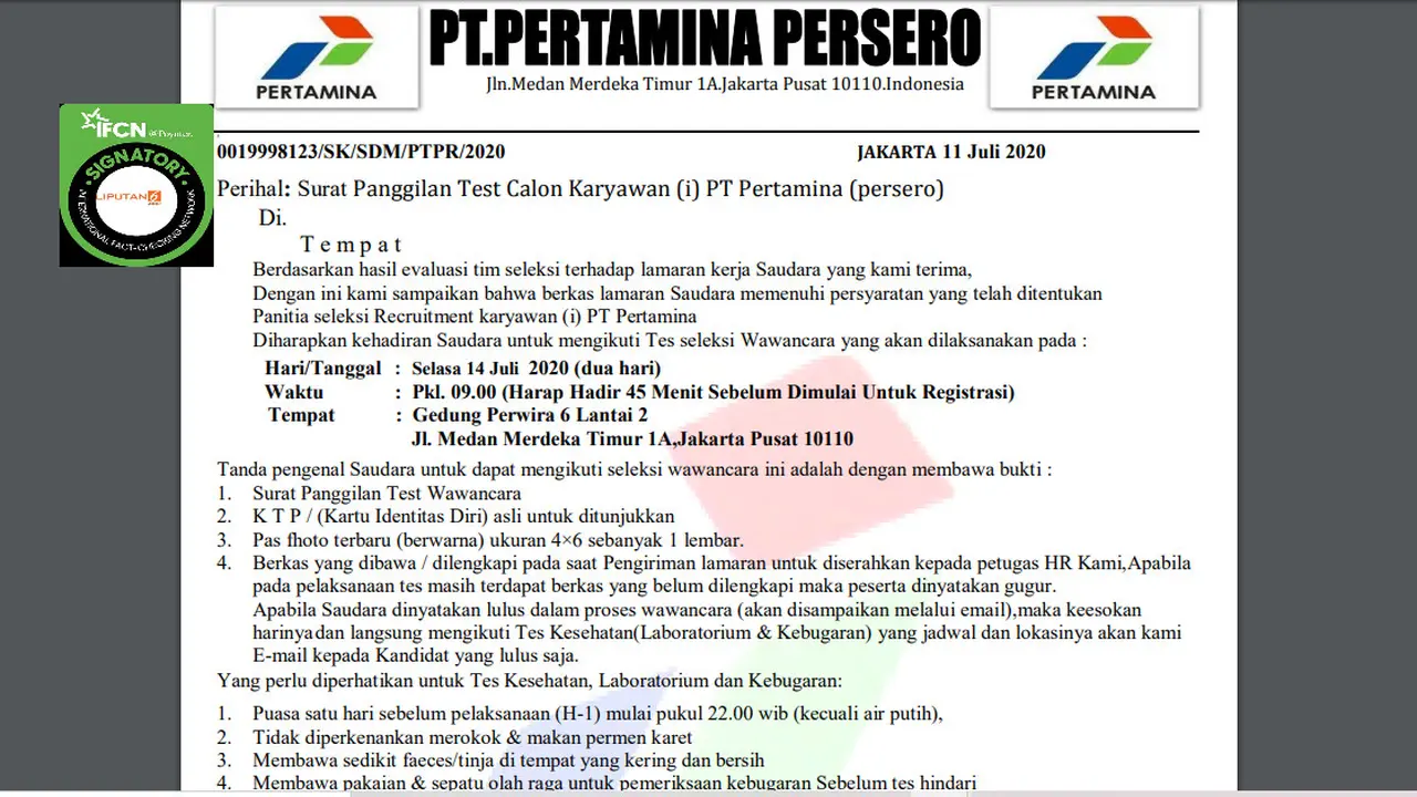 Penelusuran Surat Pemanggilan Tes Calon Karyawan Pertamina Meminta Biaya Akomodasi