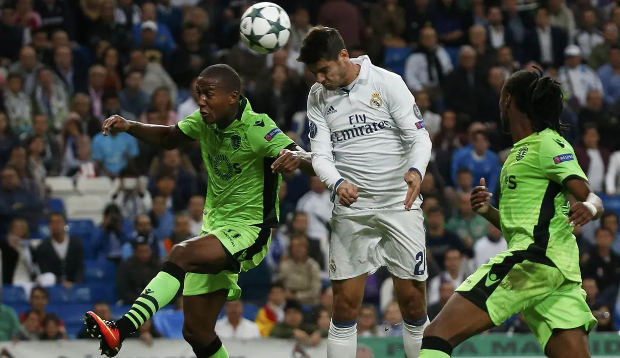 Proses terjadinya gol kemenangan Real Madrid yang dicetak Alvaro Morata melalui sundulan. Gol yang tercipta pada masa injury time babak kedua ini memastikan kemenangan Madrid 2-1 atas Sporting. (Reuters/Juan Medina)