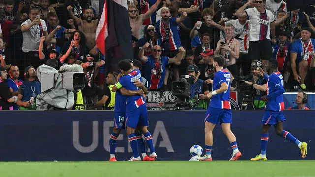 Selebrasi Desire Doue saat PSG mengalahkan Aston Villa di Piala Super Eropa 2026