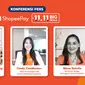 Ki-ka: Julius Putranto Komang Founder & Owner Penyetan Cok, Cindy Candiawan Head of Campaigns and Growth Marketing ShopeePay, Mona Ratuliu Ibu Rumah Tangga dan Pengguna Setia ShopeePay saat Konferensi Pers Peluncuran ShopeePay 11.11 Big Deals.