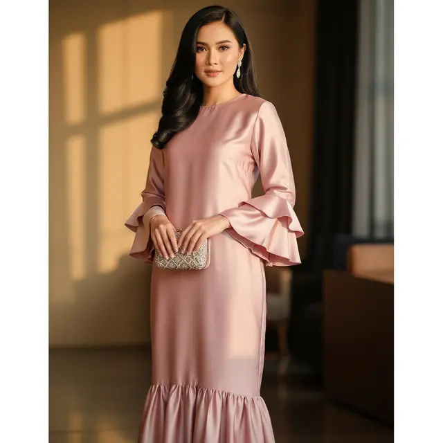 Long Dress Silk dengan Aksen Ruffle