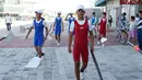 Atlet Korea Utara bersiap mengikuti latihan bersama atlet Korea Selatan jelang Asian Games 2018 di Tangeum Lake International Rowing Center, Chungju, Korea Selatan, Selasa (31/7). (Jeon Heon-Kyun/Pool/AFP)