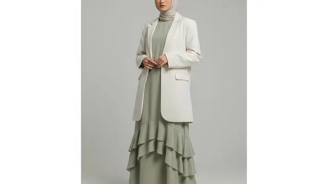 Gamis Ruffle Layer Tipis dengan Blazer Panjang Oversized
