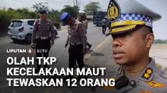 Tim Traffic Accident Analysis Ditlantas Polda Jawa Barat menggelar olah TKP di lokasi kecelakaan maut yang menewaskan 12 orang di Jalur Pantura, Kabupaten Indramayu, Jawa Barat. Petugas menyelidiki penyebab kecelakaan dengan menggunakan kendaraan pen...
