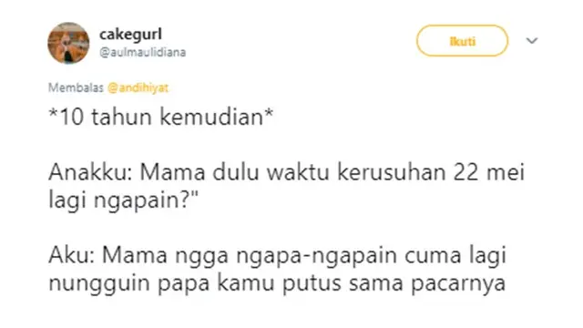 Cuitan kocak (Sumber: Twitter/aulmaulidiana)