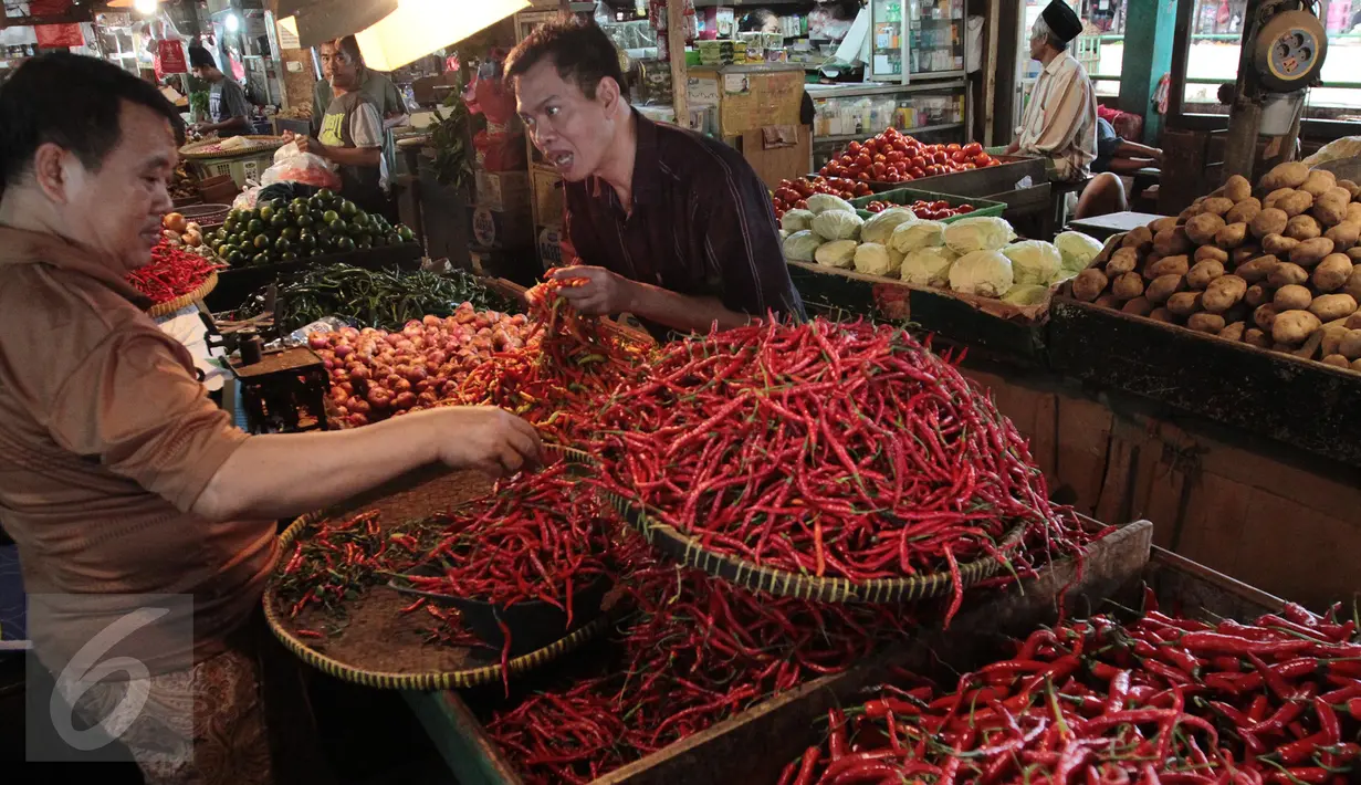 Pedagang menata cabai untuk di jual di Pasar di Jakarta, Senin (20/2).  Kementan tidak akan mengambil langkah untuk mengimpor cabe dan bawang. Walau pun saat ini, harga cabe dan bawang mengalami keniakan. (Liputan6.com/Angga Yunair)