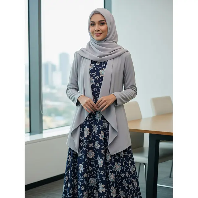 Gamis Motif Bunga Soft dengan Blazer Tipis
