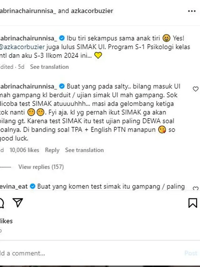 Komentar Sabrina Chairunissa di akun instagram terverifikasinya (https://www.instagram.com/p/C9y0BQih6wG/)