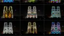 Kombinasi gambar pada 21 Oktober 2018 menunjukkan Gereja Katedral Notre Dame selama pertunjukan cahaya berjudul "Dame de Coeur" di Paris, Prancis. Pertunjukan cahaya tersebut bagian dari perayaan seratus tahun Perang Dunia I. (Photo by Ludovic MARI /AFP)