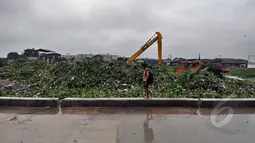 Seorang bocah tampak berjalan di sekitar Waduk Pluit.Pembersihan Eceng Gondok ini dilakukan agar waduk Pluit bisa berfungsi dengan baik, Jakarta, Rabu (11/2/2015). (Liputan6.com/Faizal Fanani)