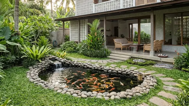 Kolam Minimalis yang Dikelilingi Batu Kali dan Rumput Jepang