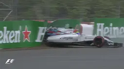 Pebalap Williams, Felipe Massa, menabrak dinding pembatas saat latihan bebas pertama F1 GP Kanada di Sirkuit Gilles Villeneuve, Kanada, Jumat (10/6/2016). (Bola.com/Twitter/F1)