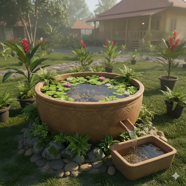 7 Desain Kolam Ikan Mini dari Gentong Tanah Liat, Kreasi Natural yang Menyejukkan