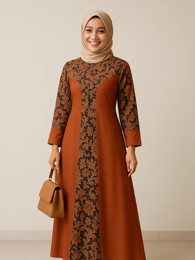 Model Gamis Batik Kombinasi Polos Kerah Shanghai 2025/ Ilustrasi gambar oleh AI
