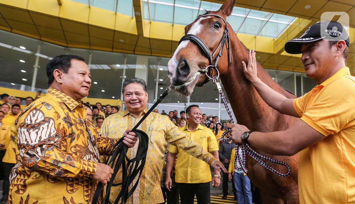 Ketua Umum Partai Gerindra Prabowo Subianto melihat kuda saat berkunjung ke DPP Partai Golkar di Jakarta, Kamis (31/8/2023). (Liputan6.com/Faizal Fanani)