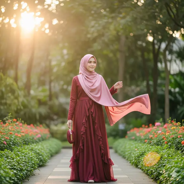 Gamis Burgundy Ruffle + Pashmina Satin Dusty Pink