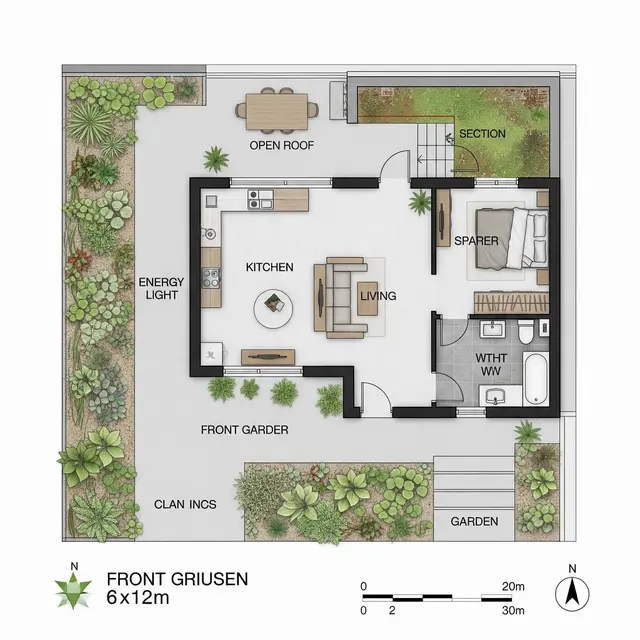 Denah Rumah 6x12 dengan Taman Dalam dan Dapur Terbuka