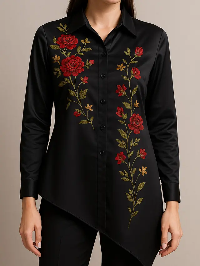 Model Kemeja Hitam Bordir Bunga