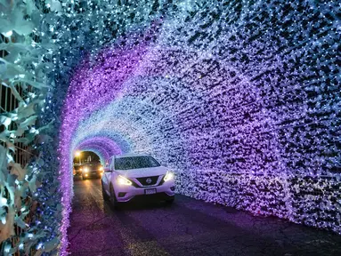 Mobil melewati terowongan cahaya dalam acara drive-thru "WinterLights" di Pacific National Exhibition, Vancouver, British Columbia, Kanada, 12 Desember 2020. Acara ini menyuguhkan berbagai instalasi cahaya, karakter, pertunjukan langsung, kuliner, serta lagu-lagu Natal. (Xinhua/Liang Sen)