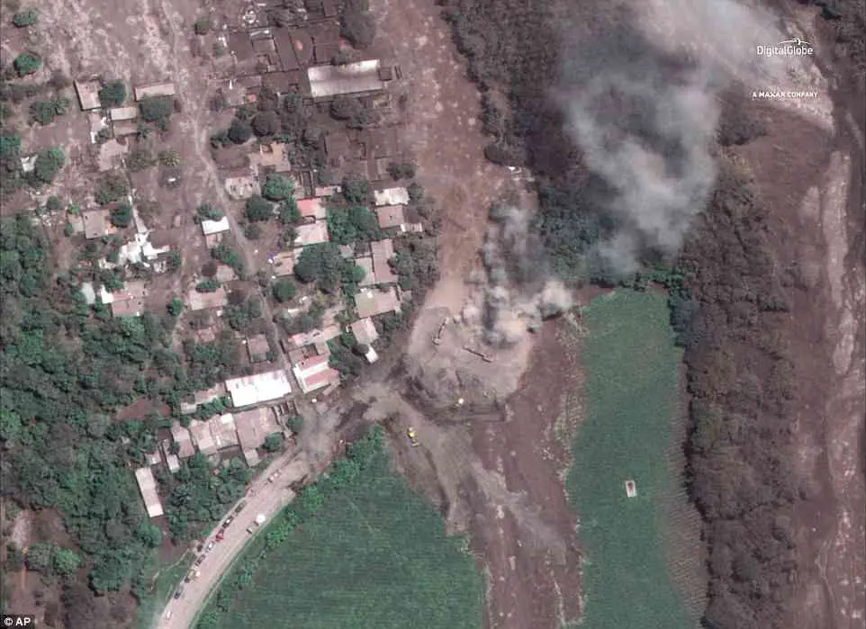San Miguel Los Lotes yang samar-samar utuh setelah tersapu abu vulkanik Gunung Fuego. Kota tersebut 