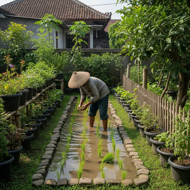 Petani Padi dengan Lahan Sempit di Pekarangan Rumah (Gemini AI)