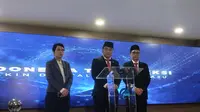 Menteri Komunikasi dan Informatika (Menkominfo) RI Budi Arie Setiadi saat memberikan sambutan dalam serah terima jabatan di Gedung Kominfo, Jakarta Pusat Senin (17/7/2023). (Liputan6.com/Winda Nelfira)