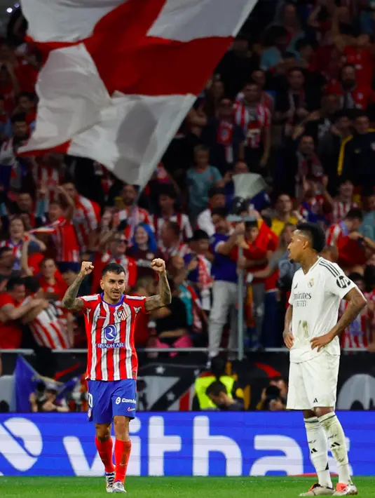 Gol Angel Correa pada masa perpanjangan waktu atau menit ke-90+5 berhasil menyelamatkan Atletico Madrid dari kekalahan. (OSCAR DEL POZO/AFP)