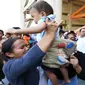 Simulasi bencana gempa bumi dan tsunami dari BNPB di Shelter Labuan diikuti banyak wanita dan anak-anak pada 14 Agustus 2019. (Dok Badan Nasional Penanggulangan Bencana (BNPB)